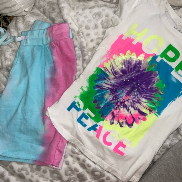 Justice size 12.Shorts blue pink tie-dye.Neon colors open piece white tee outfit - Picture 3 of 8